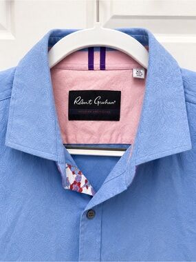 Robert Graham Men’s XL Blue Paisley Jacquard Short Sleeve Button Down Shirt